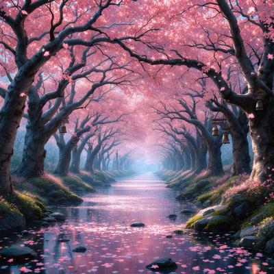 The primary subject of the image is a beautifully illustrated scene of a river surrounded by trees with pink flowers. The setting is a serene, natural environment with a calm atmosphere. The visual style is a combination of photo and digital art, creating a realistic yet artistic representation of the scene. The colors and mood are predominantly pink, which adds a sense of tranquility and warmth to the image.